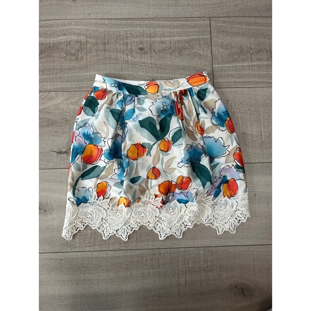 Floral Lace-Hem Mini Skirt - White with Orange & Blue Floral